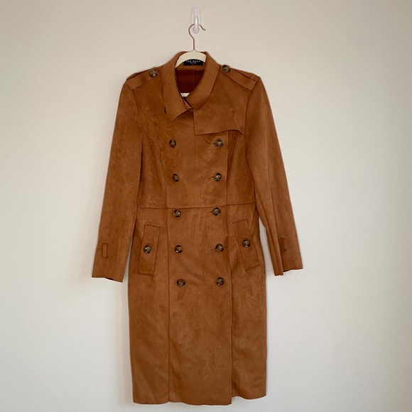 L Few Mode Trench Style Faux Suede Coat Jacket NO BELT - Picture 1 of 7